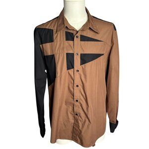 Jeansian Button Up Long Sleeve Shirt XXL Brown Black Geometric Collared Casual